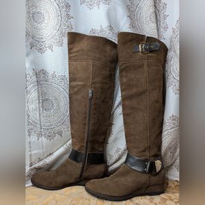 Women's Brown Suede Napoleoni Knee High Wedge Boots Side Zip Gold Buckle Sz 8.5